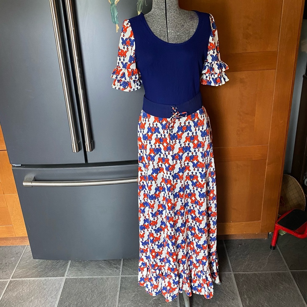 Vintage 70’s Navy Blue Top with Red, White & Blue Floral Maxi Dress sailor print